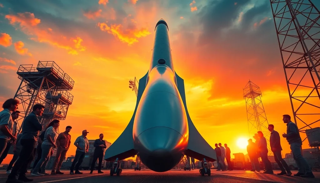 Engineers showcase the innovative revenuerocketlab spacecraft on a launch pad at sunset.