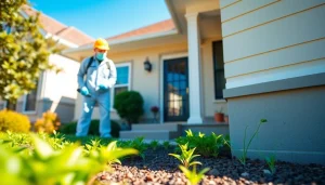 Pest control services being applied by a professional exterminator in a residential area.