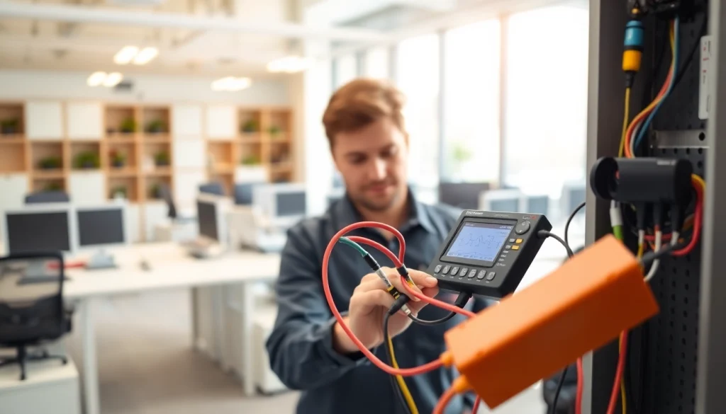 Performing Portable Appliance Testing with advanced equipment in a professional office environment.
