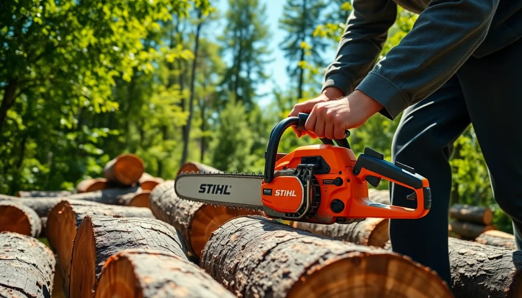 Stihl Kettensäge im Einsatz im Freien, umgeben von Bäumen und Holz.