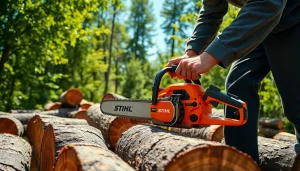 Stihl Kettensäge im Einsatz im Freien, umgeben von Bäumen und Holz.