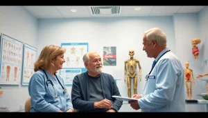 Patient discussing Rheuma symptoms with a doctor in a well-lit clinic.