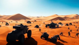 Action-packed scene from the dune 2 game showing combat between futuristic units in a desert.