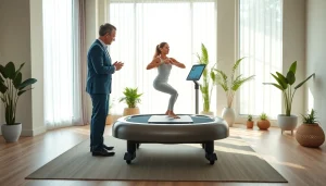 Client receiving whole body vibration therapy while therapist guides in a wellness setting.