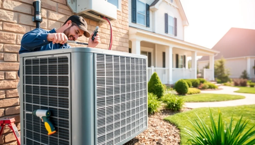 AC installation Franklin TN showcasing a technician expertly installing a unit in a suburban home setting.