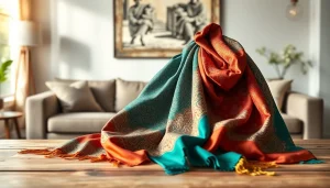 Vibrant vela scarves elegantly displayed on a wooden table in a cozy living room.