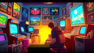 Play classic dos games online in a vibrant retro gaming scene with nostalgic elements.