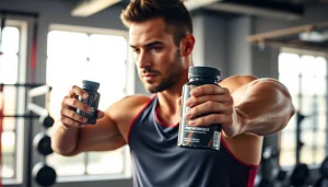 Boost energy with pre-workout supplement as an athlete prepares in a bright gym.