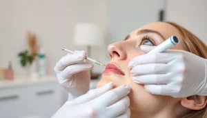 Applying the best filler for wrinkles with precision in a bright clinical setting.