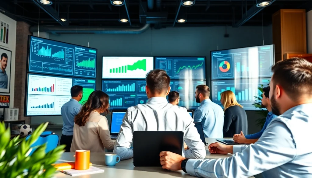 Designing Funnels for sports businesses in a modern workspace with professionals analyzing data.