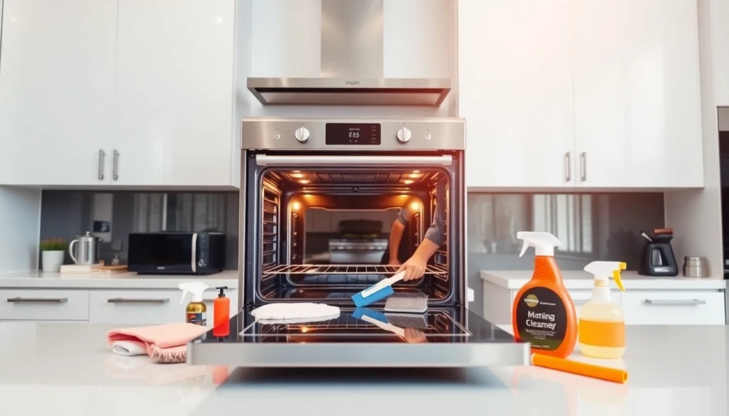 Oven cleaning dubai service in action, highlighting a cleaner using tools in a bright kitchen.