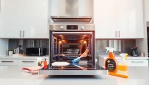 Oven cleaning dubai service in action, highlighting a cleaner using tools in a bright kitchen.