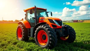 Kuboata Traktor deutlich im landwirtschaftlichen Umfeld abgebildet, umgeben von grünen Feldern.