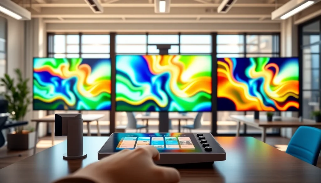Engaging digital signage CMS interface presented on multiple screens in a vibrant office environment.