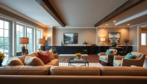 Beautifully designed basement finishing Bellevue TN with modern decor and cozy lighting.
