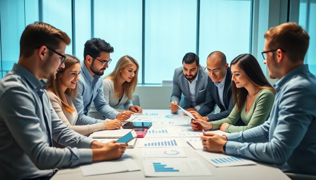 Social media marketing companies Edmonton team collaborating dynamically in a bright office.