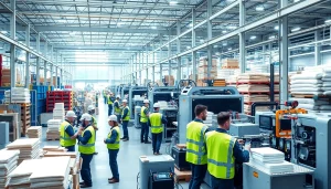 Manufacturers efficiently producing goods in a modern assembly line with diverse workers.
