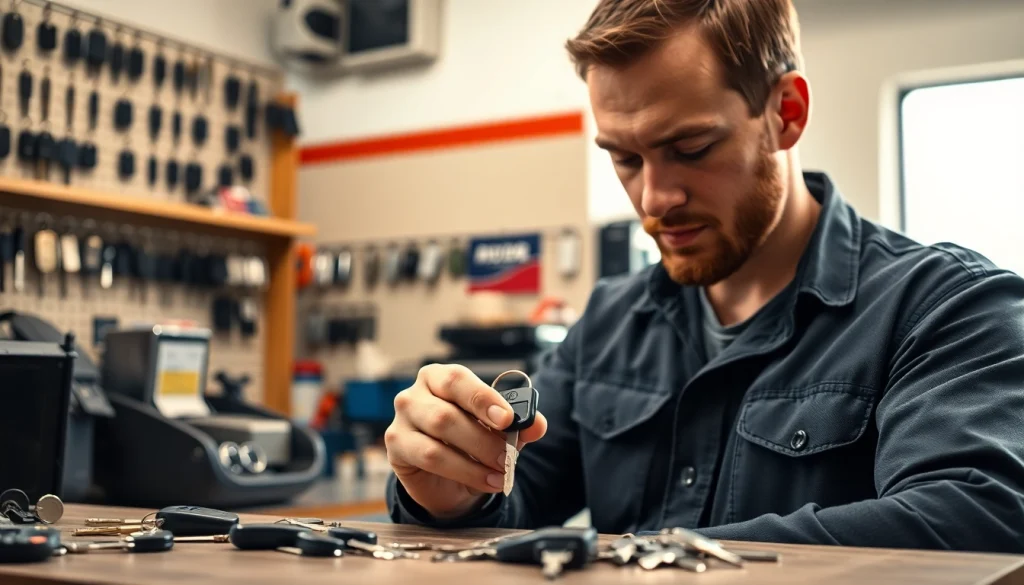 Creating replacement car keys with a professional locksmith in a well-lit workshop.