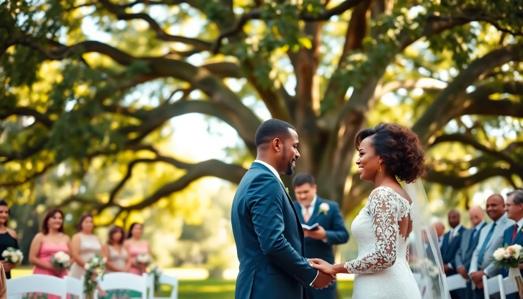 Tallahassee Wedding Photographer capturing a couple exchanging vows outdoors under an oak tree.