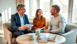 Engaging relationship coach helping a couple communicate effectively in a bright office.