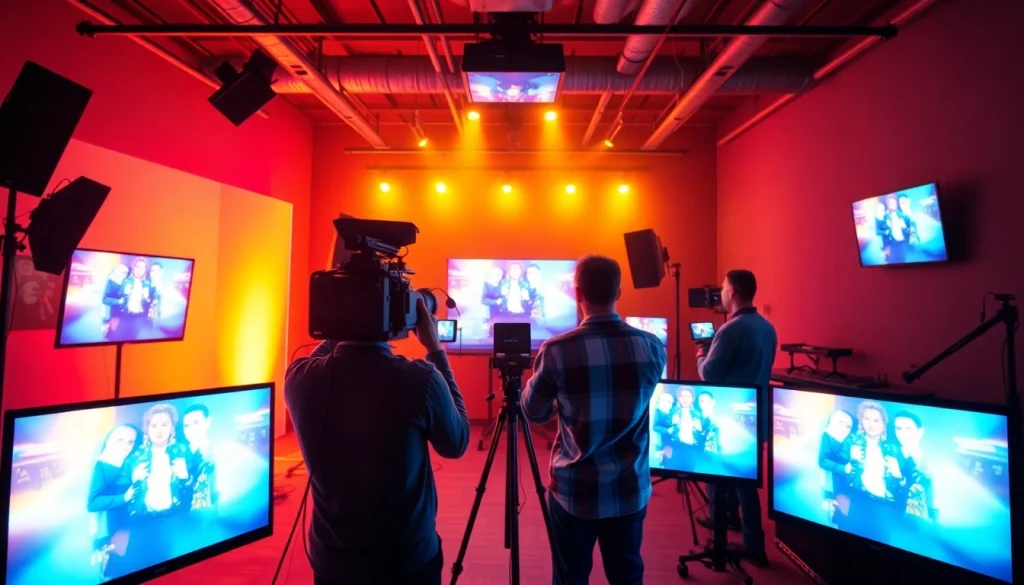 Engaging 영상제작 team collaborating in a vibrant studio setting with screens and equipment.