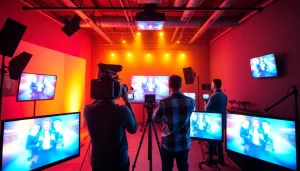 Engaging 영상제작 team collaborating in a vibrant studio setting with screens and equipment.
