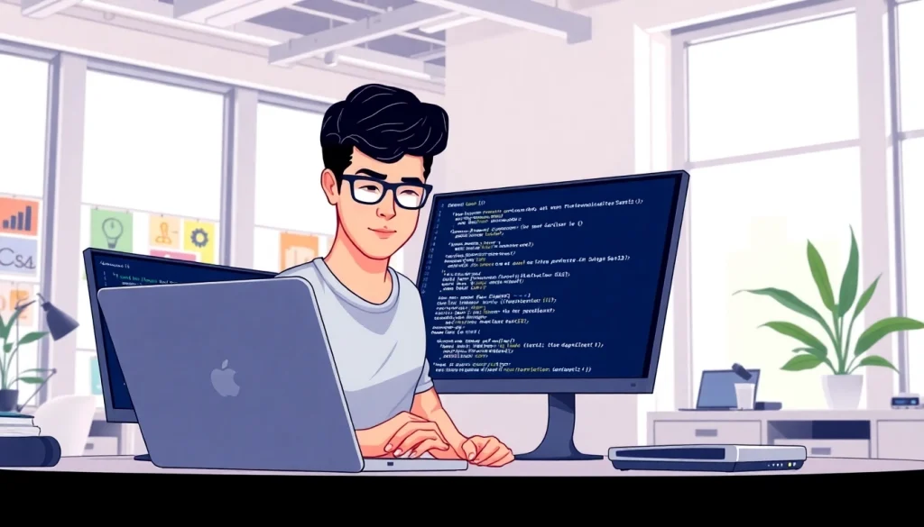 Capture a professional web developer engaged in web development tasks with modern tech setup.