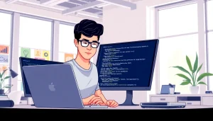 Capture a professional web developer engaged in web development tasks with modern tech setup.