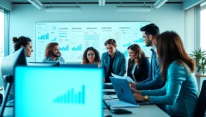 Analyze competitive intelligence data with a professional team in a vibrant office setting.