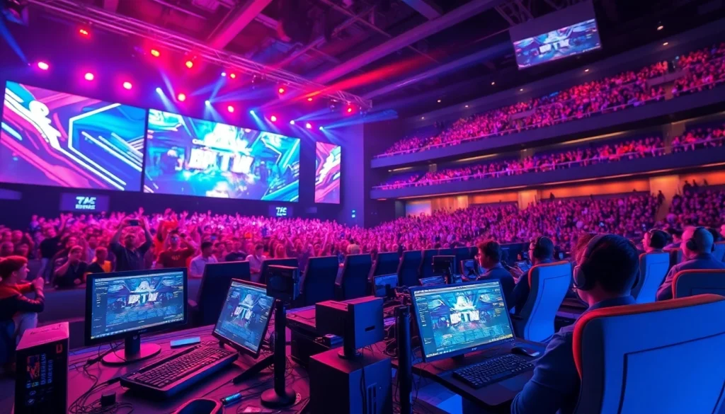 메이저사이트와 관련된 esports 경기 장면에서 활기찬 관중과 최첨단 장비를 보여준다.