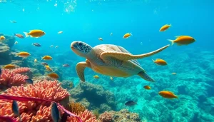 Turtle snorkeling gracefully among coral reefs in vibrant underwater scene.