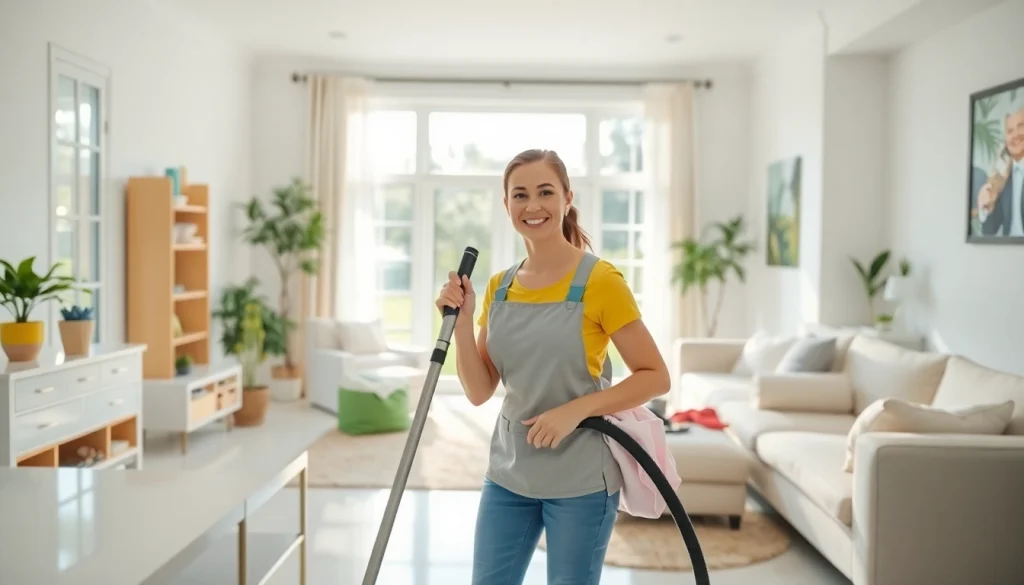 Enhance your home with a professional Pottstown cleaning service showcasing a cheerful cleaner at work in a bright environment.