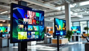 Showcasing Multi-screen digital signage management with vibrant displays in a modern office.
