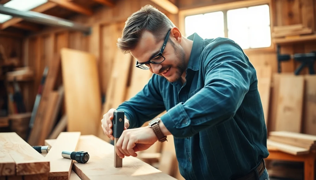 Carpentry apprenticeship near me demonstrating skilled woodworking techniques in a bright workshop.