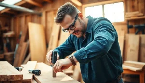 Carpentry apprenticeship near me demonstrating skilled woodworking techniques in a bright workshop.