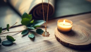 Showcase yoga jewelry with a lotus pendant, surrounded by natural elements for a serene vibe.