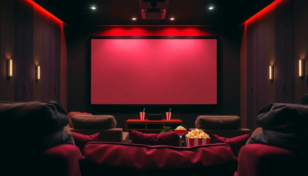 Showcase of the Best Fixed Frame Projector Screen in a professional home theater setup with luxurious seating.