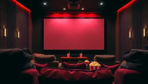 Showcase of the Best Fixed Frame Projector Screen in a professional home theater setup with luxurious seating.