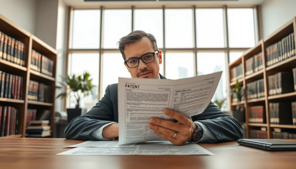intellectual property lawyer reviewing a patent document in a modern office setting