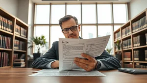 intellectual property lawyer reviewing a patent document in a modern office setting