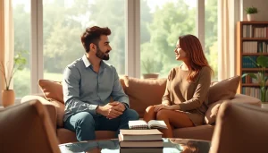 Relationship coach facilitating a supportive conversation with a couple in a cozy office setting.
