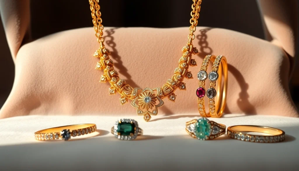 Adorning women jewelry featuring intricate gold necklace and sparkling gemstones.