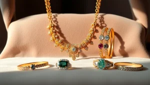 Adorning women jewelry featuring intricate gold necklace and sparkling gemstones.