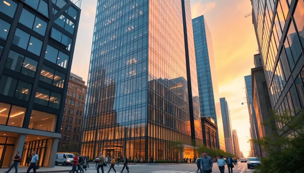 Architekturvisualisierung eines modernen Wolkenkratzers mit exquisiten Glasfassaden in einer urbanen Umgebung