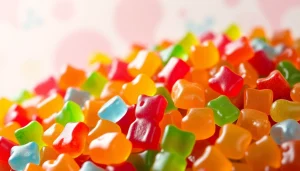 Delicious branded gummy bears displayed in a colorful arrangement, showcasing their delightful shapes and flavors.