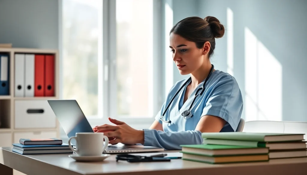 Register for rn ceus courses with a nurse engaged in online learning at her desk.