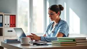 Register for rn ceus courses with a nurse engaged in online learning at her desk.