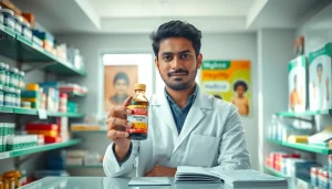 A pharmacist explaining amyron syrup uses in Hindi, showcasing its health benefits in a pharmacy.