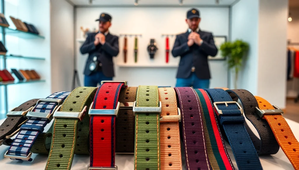 NATO straps UK - A variety of colorful, high-quality NATO straps showcased in a vibrant retail display.