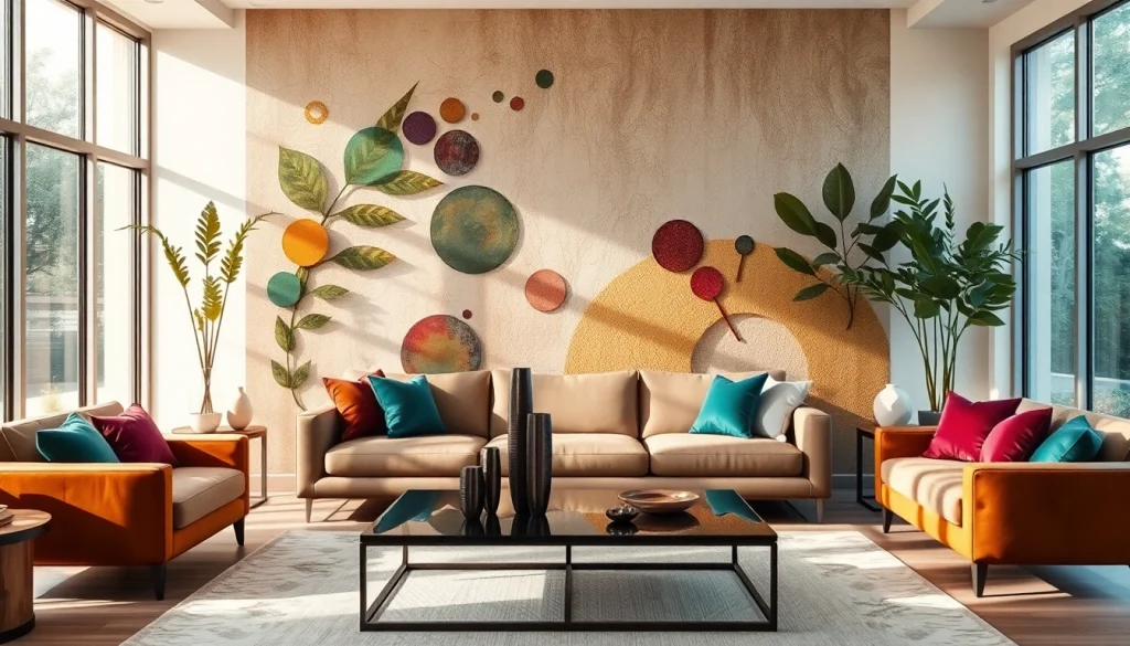 Stylish living room highlighting art and decor with a stunning wall mural and modern furnishings.